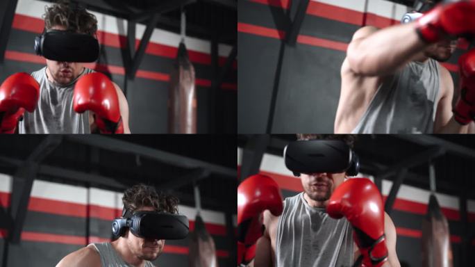 美国男子戴着VR耳机和拳击