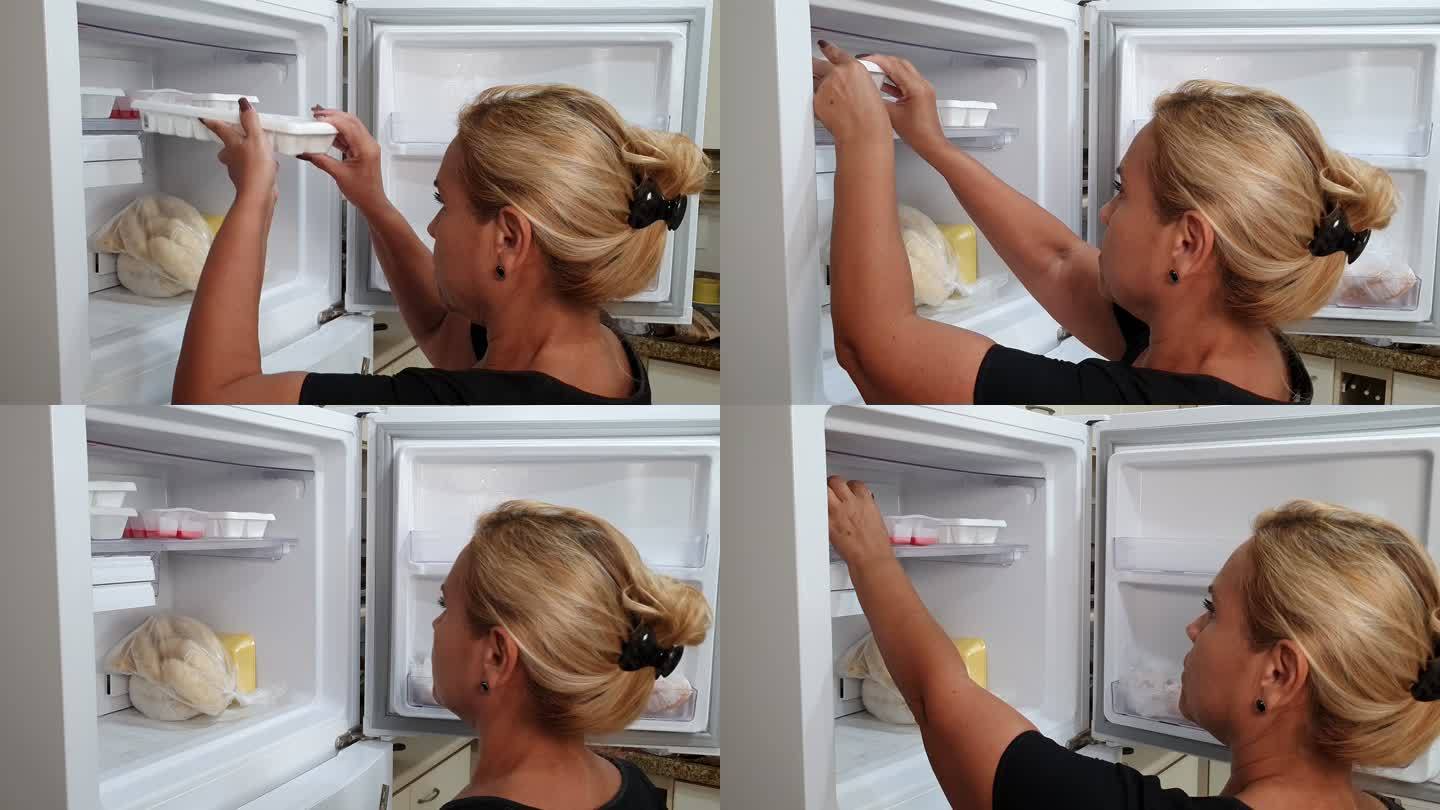 家庭主妇把冰块托盘放在冰箱里