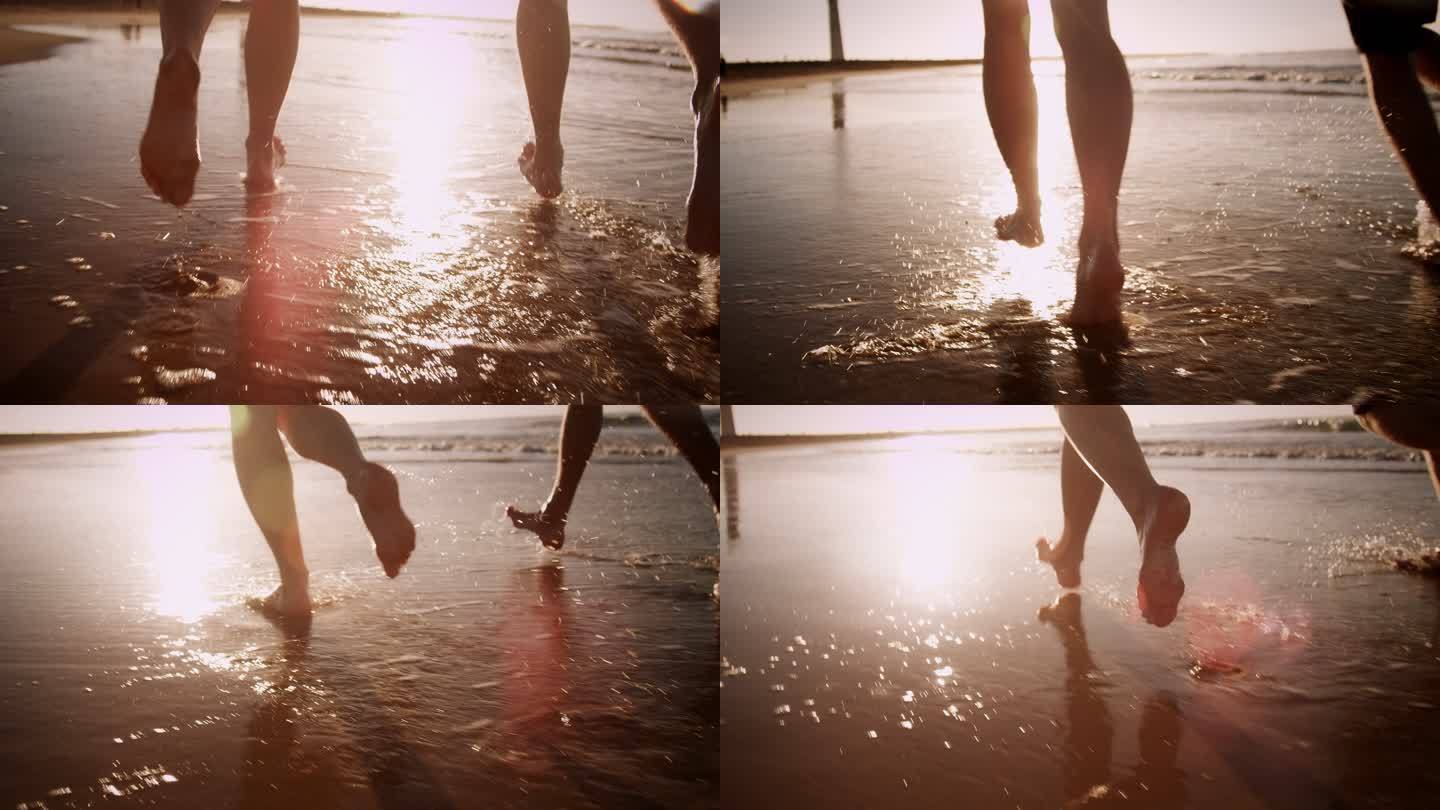 海滩上的情侣踩着浪花奔跑的恋人奔跑的脚步