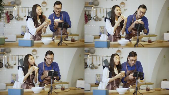 亚洲夫妇vlog现场流媒体制作厨房三明治