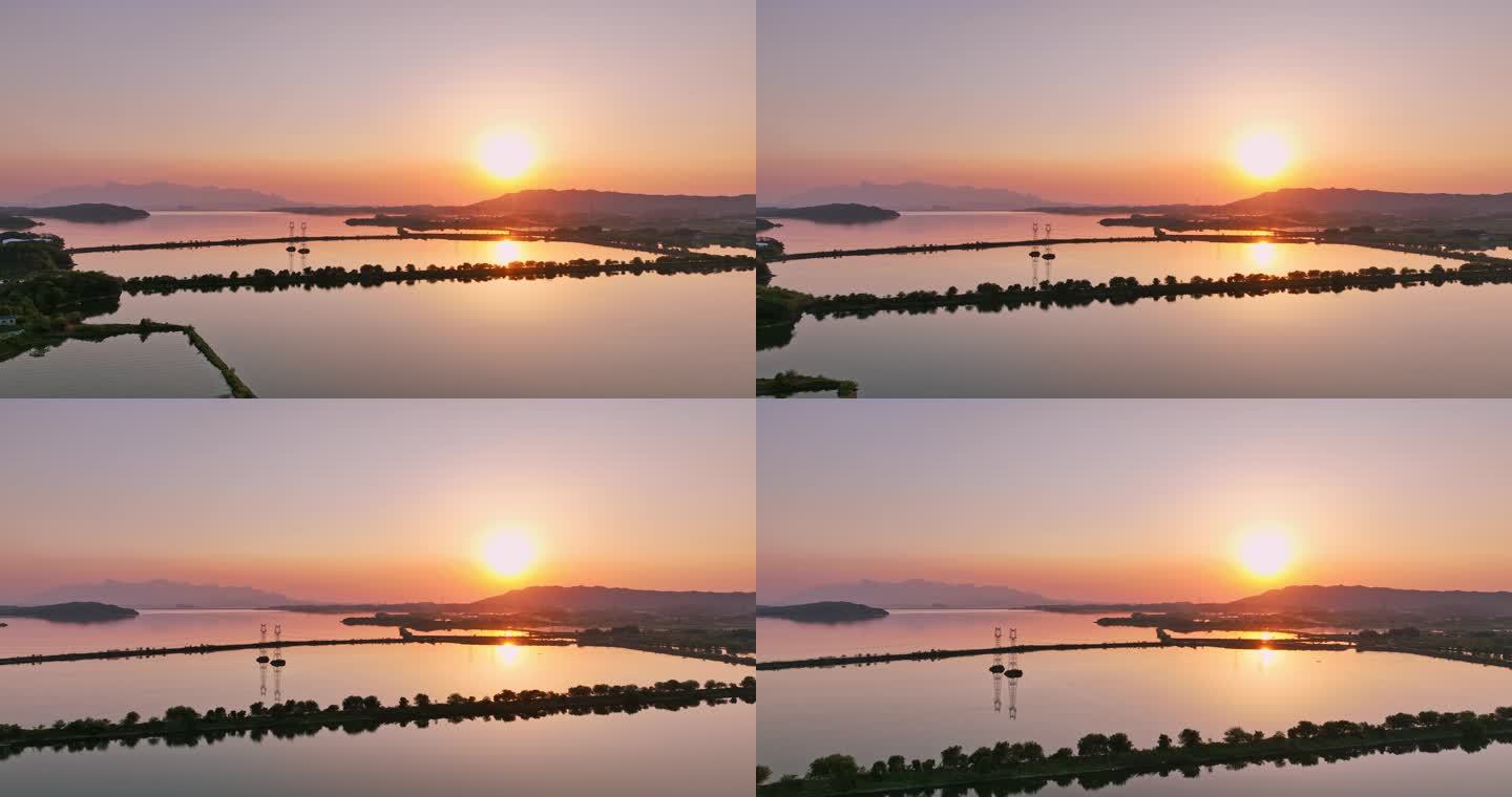 航拍夕阳下九江鄱阳湖