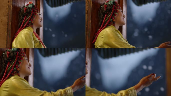 藏族女子窗台赏雪