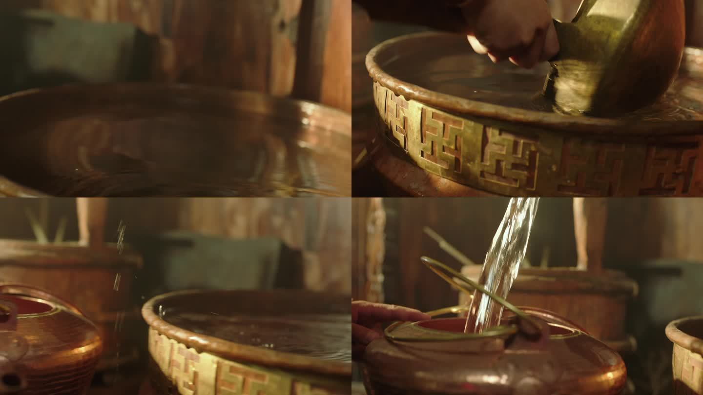 从铜水缸舀水到铜壶中