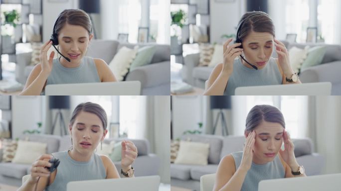 一名女性呼叫中心工作人员在家头痛时摘下耳机的4k视频片段