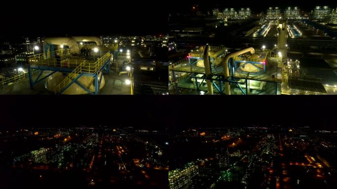 航拍大型炼油工厂夜景