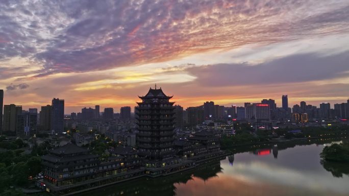 航拍眉山远景楼晚霞市区