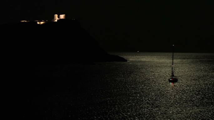 在夏季库存视频中，对希腊雅典索尼奥角和古老的波塞冬神庙进行夜间空中拍摄