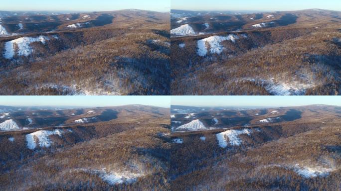 航拍大兴安岭山岭树林雪景