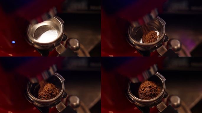 刚磨碎的咖啡豆从推土机倒入波尔图过滤器