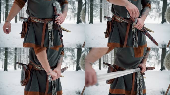 无法辨认的中世纪武士，从鞘中取出剑