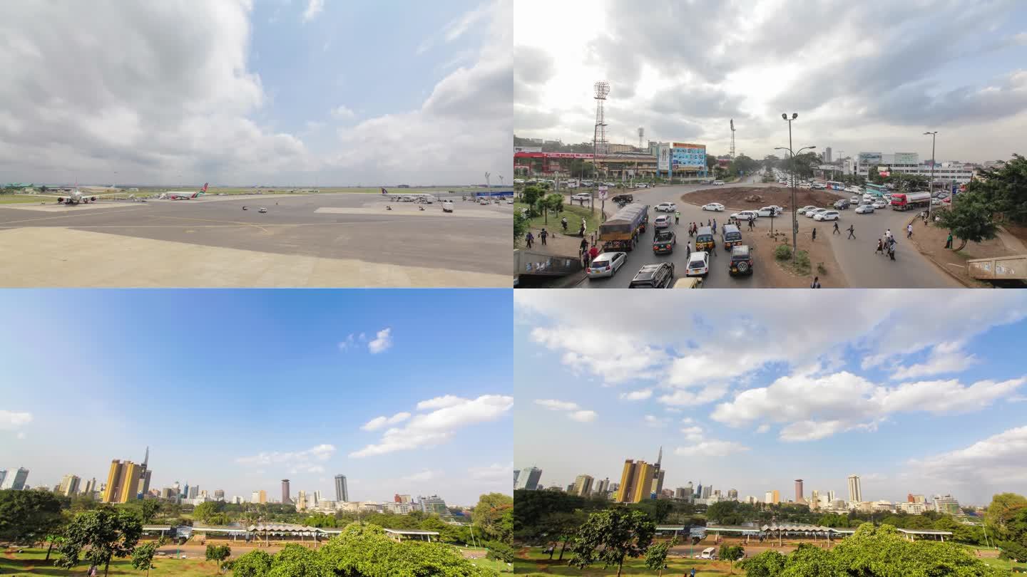 肯尼亚城市全景车流机场延时