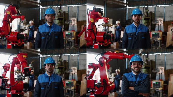 年轻的拉丁成年男子看着相机微笑，展示机器人手臂工厂和工作区