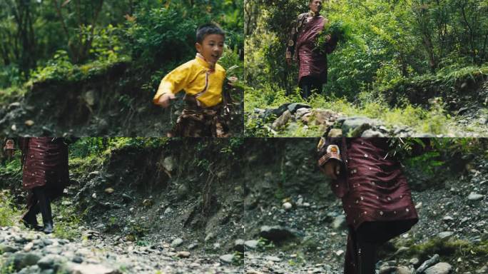 山路上抱树枝的藏族汉子