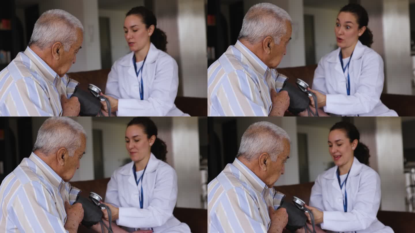 友好的女医生在上门拜访时检查老年男性患者的血压