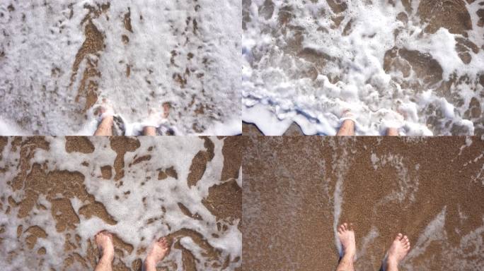沙滩上的慢动作脚和波浪