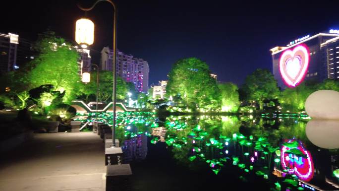 郴州爱莲湖湖面夜色夜景灯光