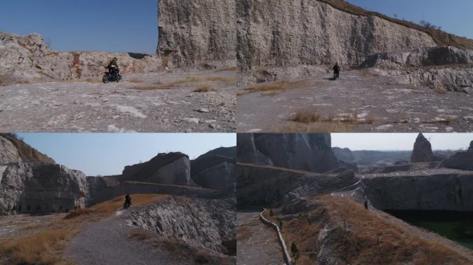 航拍复古越野摩托行驶在荒山野岭