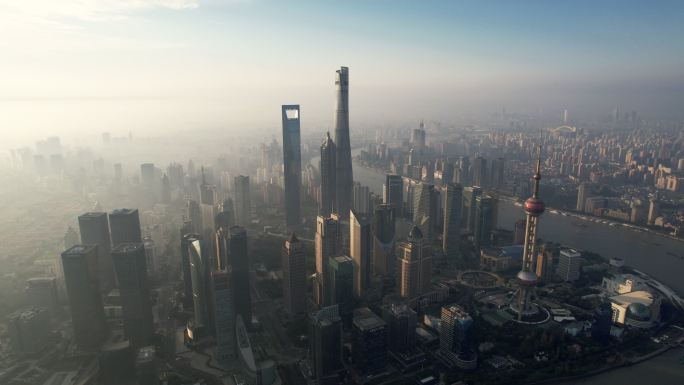 上海天际线鸟瞰图大景全景清晨平流雾繁华