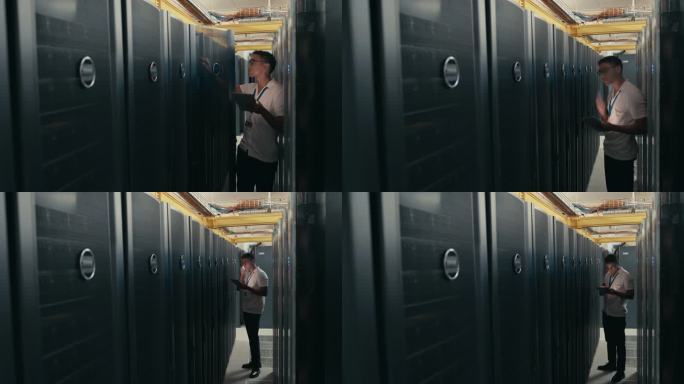 一名年轻技术人员在服务器机房进行维护检查时使用技术的4k视频片段