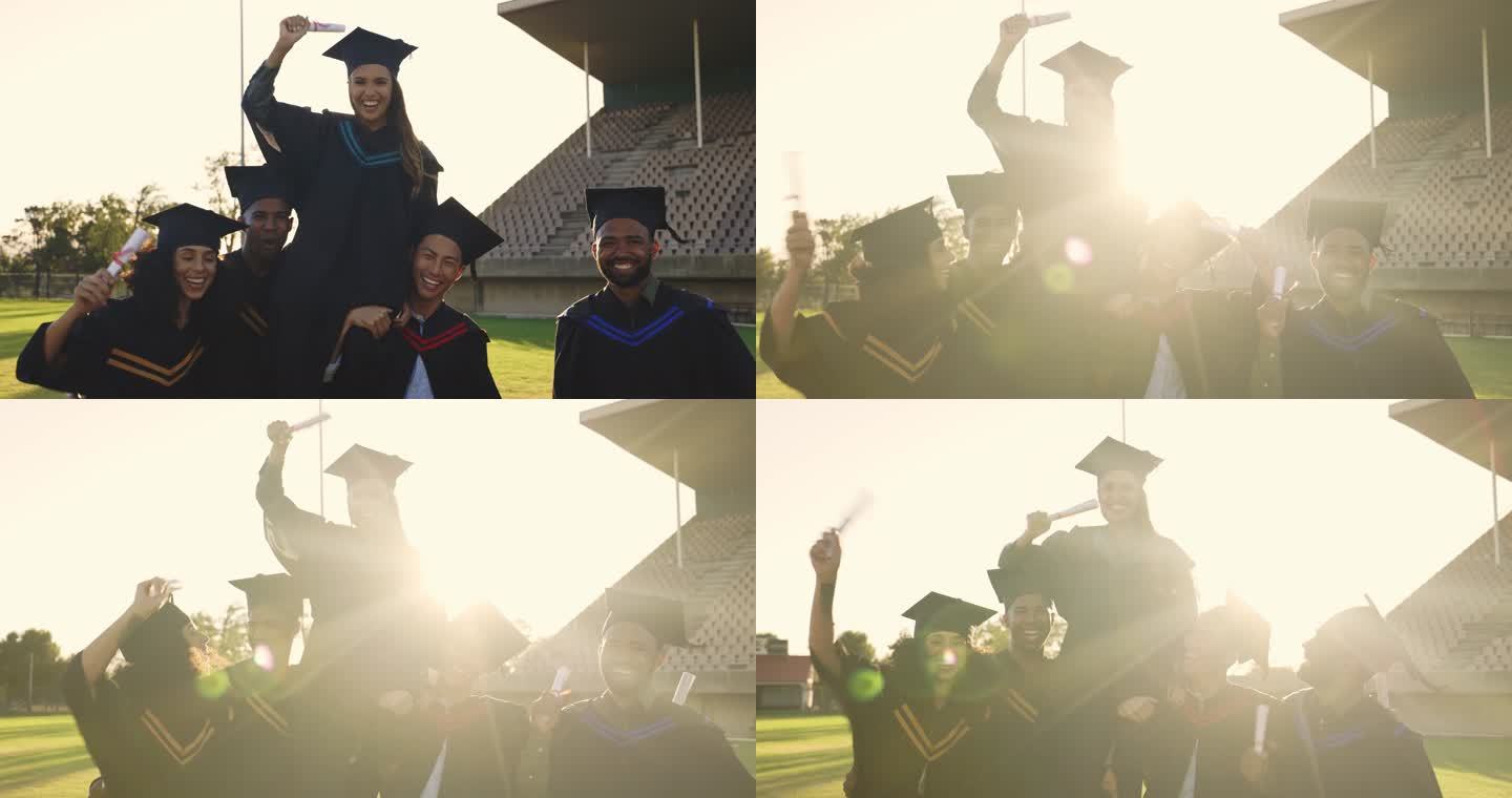 快乐的学生在大学毕业典礼上欢呼。激动的毕业生拿着文凭庆祝学业成就的照片。多元化的朋友群为未来而兴奋