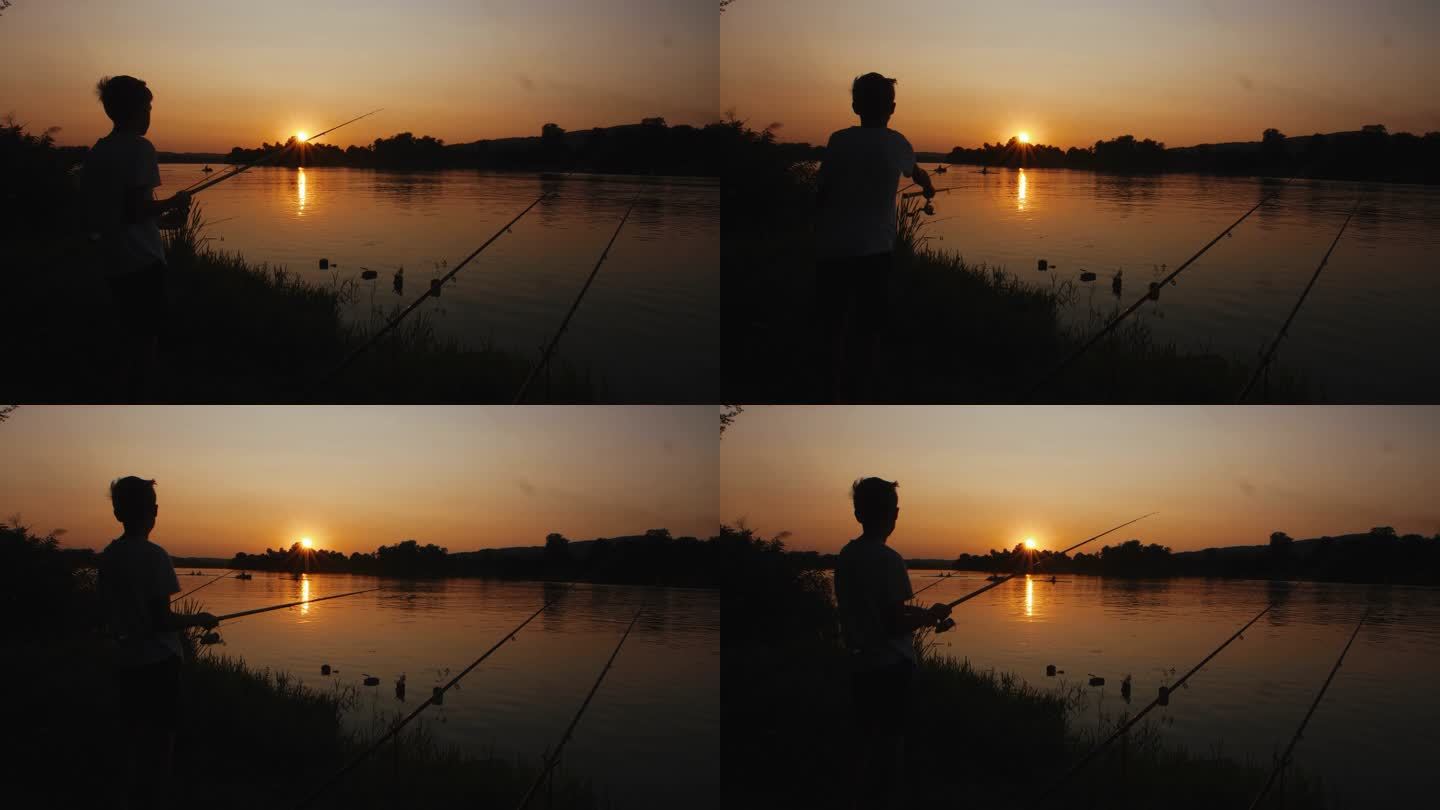 青少年钓鱼时投饵接触自然亲近自然享受时光
