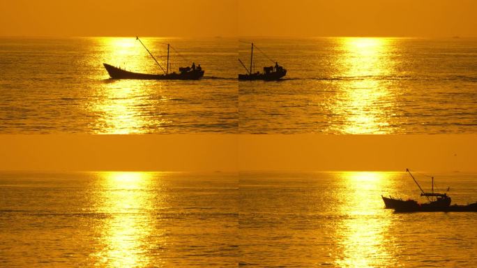 唯美海上日出渔船驶过金色海面6K大海日出