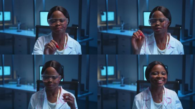 一位年轻的黑皮肤科学家身穿白色实验服，在现代实验室的玻璃板上写下化学公式，然后戴上防护眼镜，微笑着看