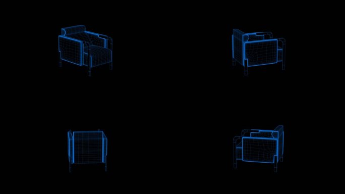 4k蓝色全息科技线框家具沙发素材带通道