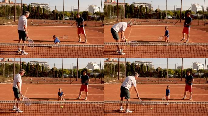 慈爱的父亲和祖父，学习这个好奇可爱的男孩如何打网球