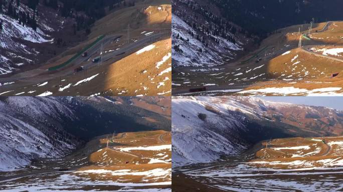 远眺卡车行驶新疆艾肯达坂雪山公路