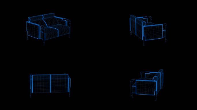 4k蓝色全息科技线框家具沙发素材带通道