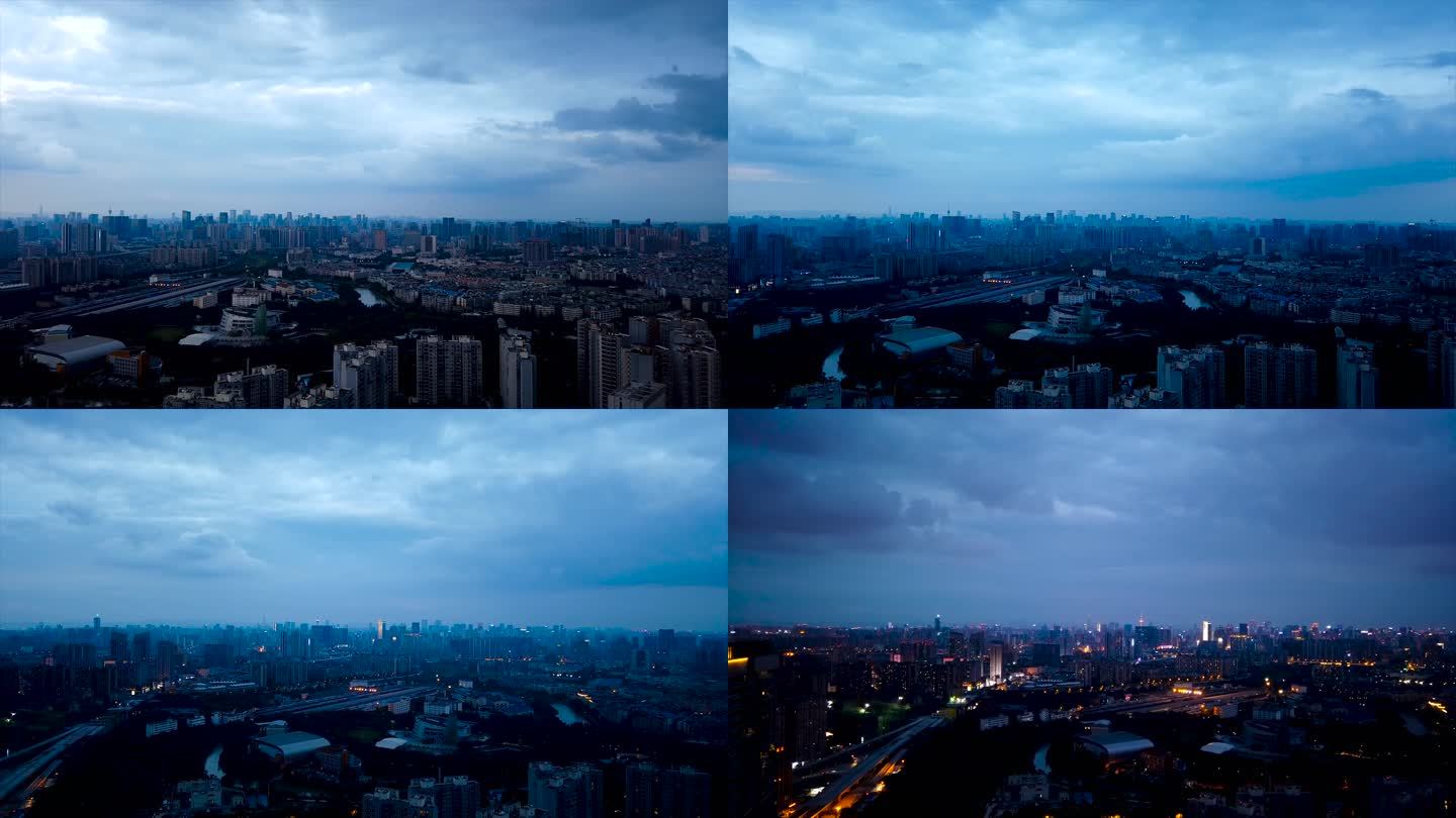 城市地平线大范围日转夜城市天黑亮灯延时