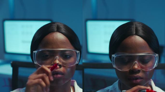 一位年轻、有思想的非洲裔美国科学家在现代实验室的前景玻璃板上写化学公式