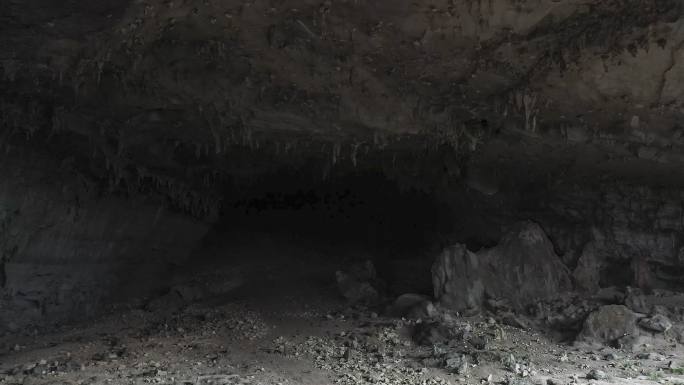 洞里很暗，隐约可以看到一些钟乳石的轮廓