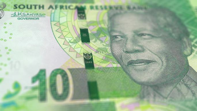 南非10兰特钞票观察和储备侧特写追踪推车拍摄10南非兰特钞当前10兰特纸币4k分辨率股票视频-南非货