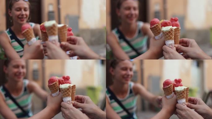 一家人在小镇吃意大利自制冰淇淋