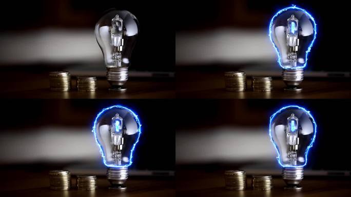 蓝色霓虹灯效果带硬币可持续能源概念的灯泡