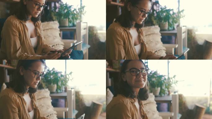 一位年轻女性在家用平板电脑在线购物的4k视频片段
