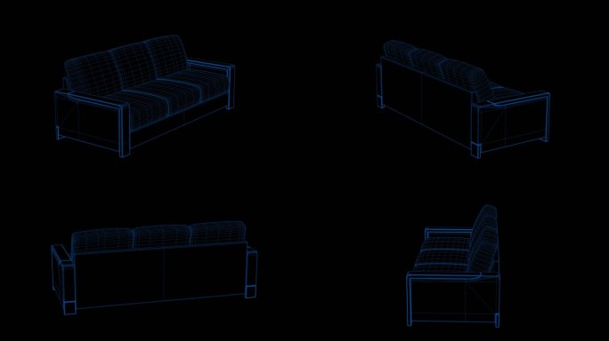4k蓝色全息科技线框家具沙发素材带通道