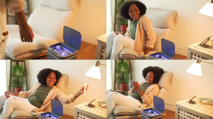 现代女性在家里使用科技来方便生活。