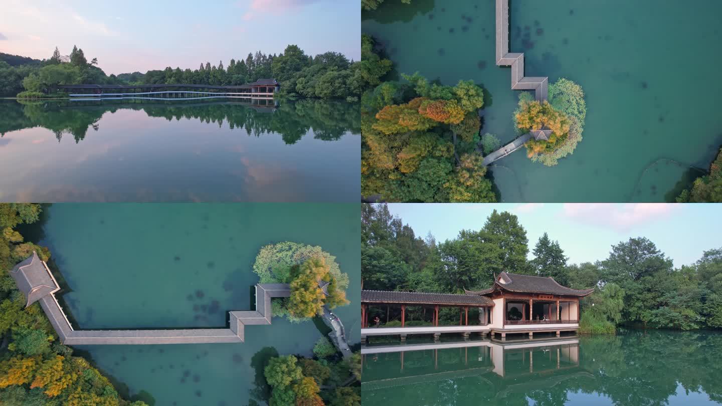 多镜头航拍杭州西湖景区浴鹄湾 霁虹桥