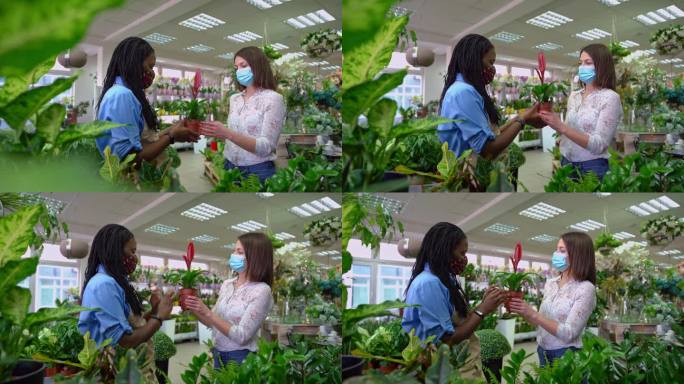 花匠向女性顾客展示盆栽植物