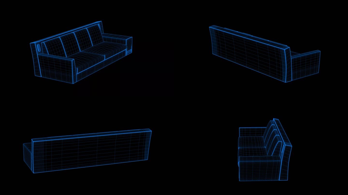 4k蓝色全息科技线框家具沙发素材带通道
