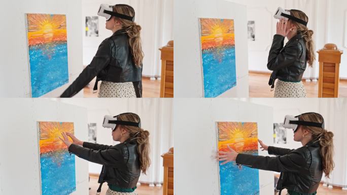 美术馆VR体验油画戴VR眼镜的美女