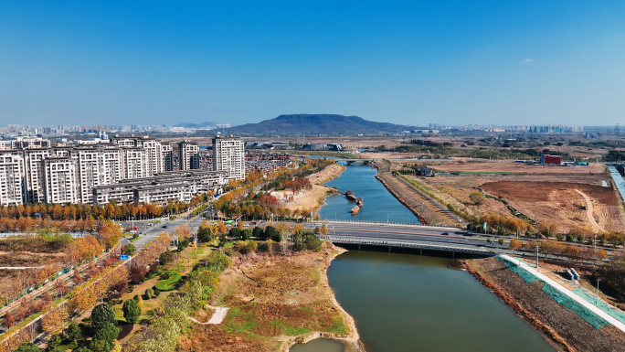 南京秋色初冬河流江宁城市风景金村桥航拍