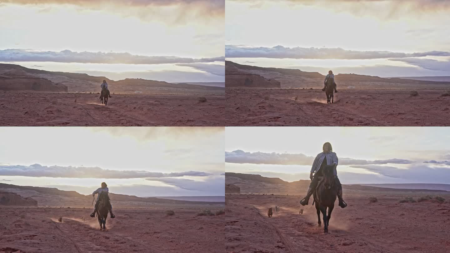 一名年轻的纳瓦霍妇女骑着马在纪念碑山谷附近的沙漠中奔驰