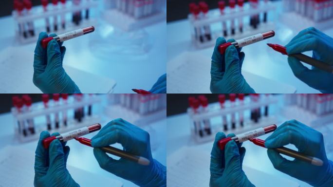 放大实验室助理的手在血样试管上标记阳性结果