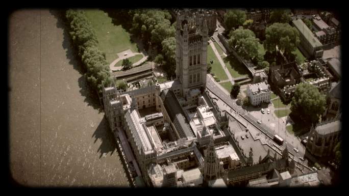 英国伦敦国会大厦旧电影鸟瞰图。4公里