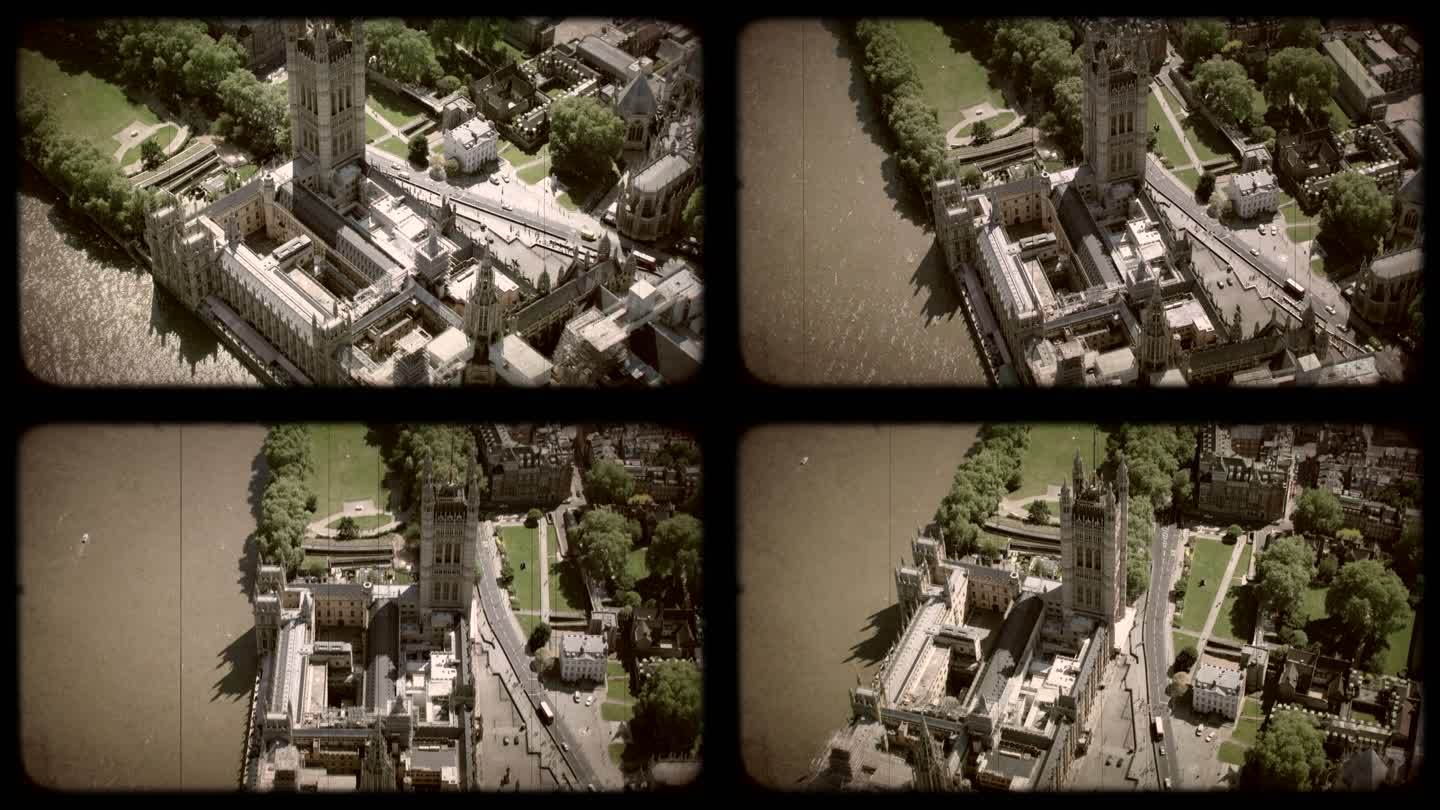 英国伦敦国会大厦旧电影鸟瞰图。4公里
