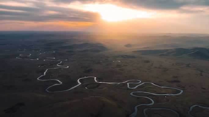内蒙古鸟瞰图长河日落圆风景意境壮美中国